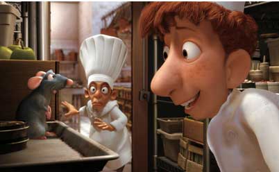 Chef-Gusteau-surpreso-vendo-Linguini-conversando-com-Ratatouille