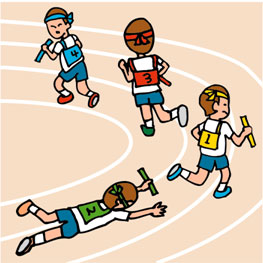 Desenho de crianças praticando atletismo e uma delas caiu