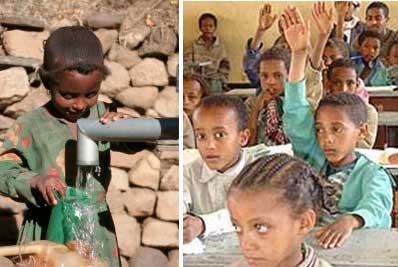 Imagem-de-menino-aparando-agua-e-criancas-em-sala-de-aula-com-as-maos-levantadas