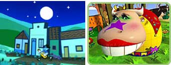 Dois-desenhos-uma-casinha-com-alguem-correndo-com-violao-nas-maos-e-uma-vaquinha-colorida